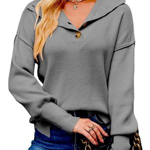 Womens Oversized V Neck Collared Sweaters Button Up Long Sleeve Knit Pullover